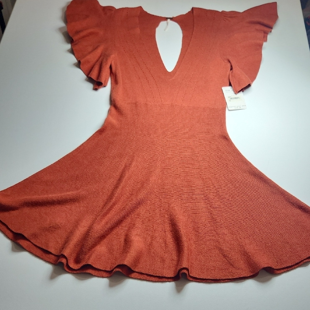 Free People Rust Red Knit Flutter Sleeve Dress NWT $148 Size S - Picture 3 of 12